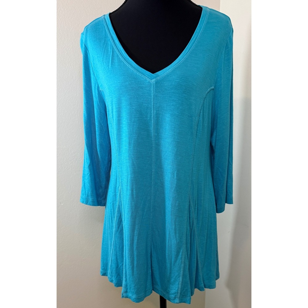 Soft Surroundings Turquoise Blue V-Neck 3/4 Sleeve Flared Tunic Top Medium 2FV14